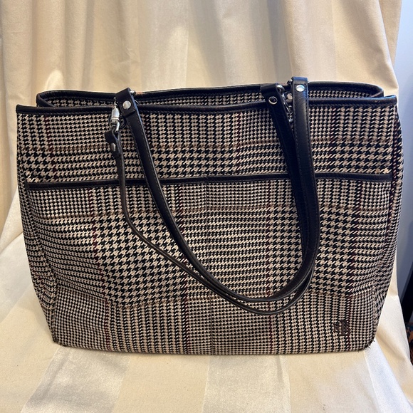 😍🌻 - LAUREN RALPH LAUREN Tan & Cream Houndstooth Tote Purse Handbag Shoulder … - Picture 1 of 9